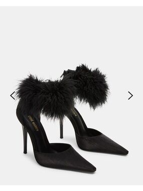 Steve Madden Black Feather Ankle-Strap Pointed Stiletto Pumps New Size 7